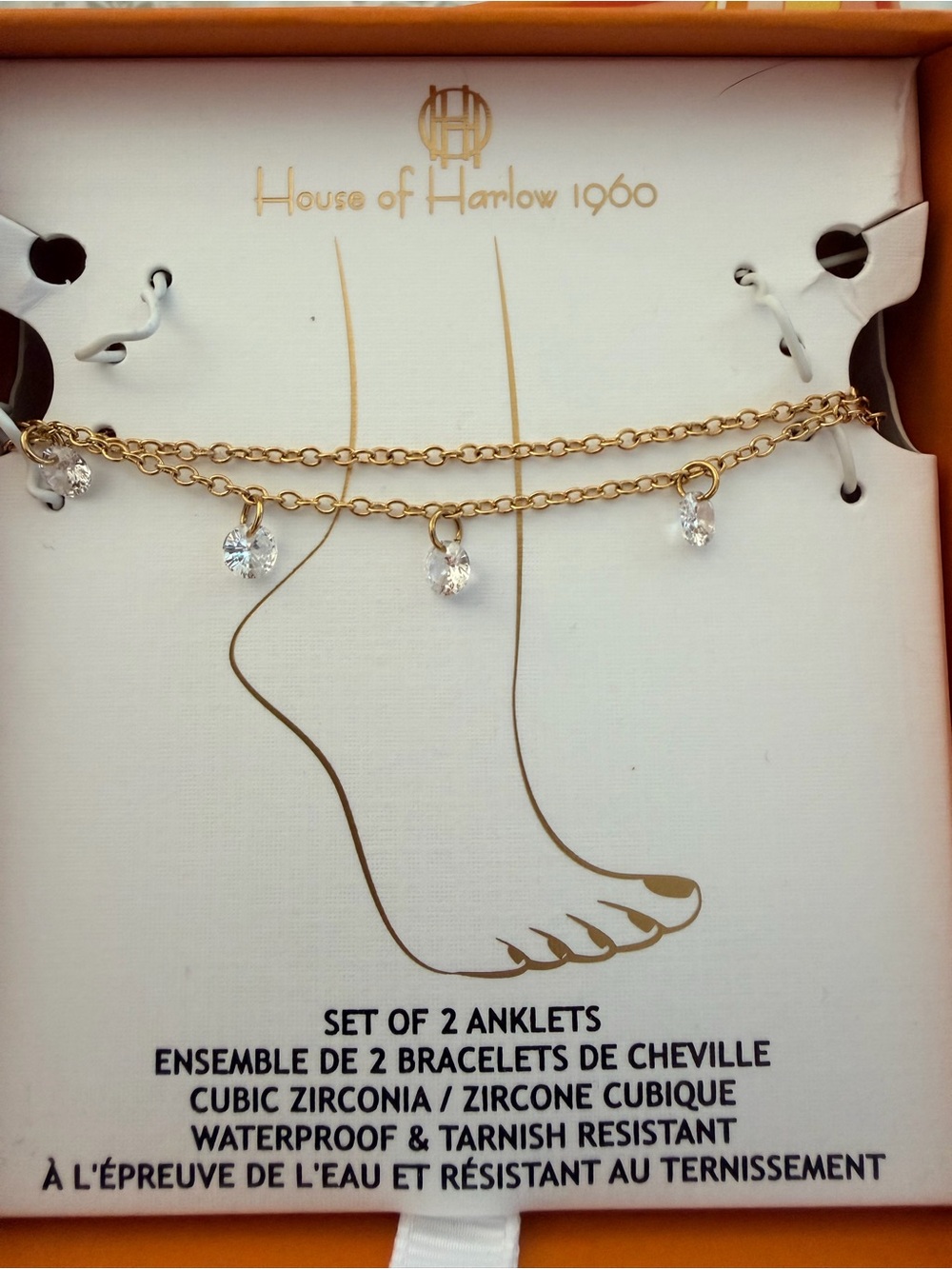 House of Harlow 1960 Gold Anklet Set with Clear Crystal Charms